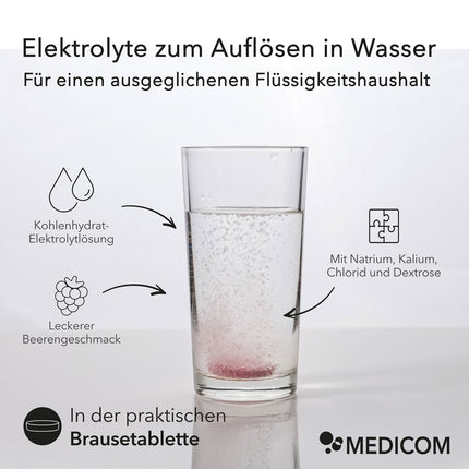In einem Glas Wasser sprudelt eine Brausetablette von Elektrolyt Brausetabletten von Medicom. Produktinformationen: Kohlenhydrat-Elektrolytlösung, leckerer Beerengeschmack, mit Natrium, Kalium, Chlorid und Dextrose, in der praktischen Brausetablette