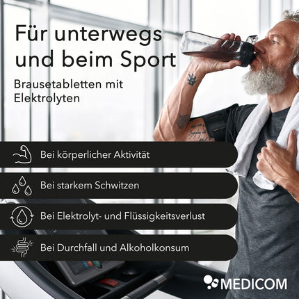 Produktinformationen zu Elektrolyt Brausetabletten von Medicom: für unterwegs und beim Sport, Brausetabletten mit Elektrolyten, bei körperlicher Aktivität, bei starkem Schwitzen, bei Elektrolyt- und Flüssigkeitsverlust, bei Durchfall und Alkoholkonsum
