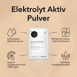 Produktinformationen zu Elektrolyt Aktiv Pulver: Kohlenhydrat-Elektrolyt-Lösung, mit Natrium, Kalium, Chlorid und Dextrose, leckerer Orangengeschmack, 100% vegan, optimaler Flüssigkeitshaushalt.