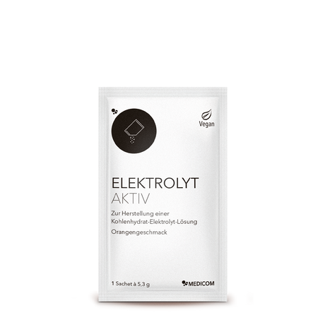 Ein weißes Päckchen – das Sachet von Medicom Elektrolyt Aktiv Pulver mit Orangengeschmack, 100 % vegan,  pro Sachet 5,3 g.