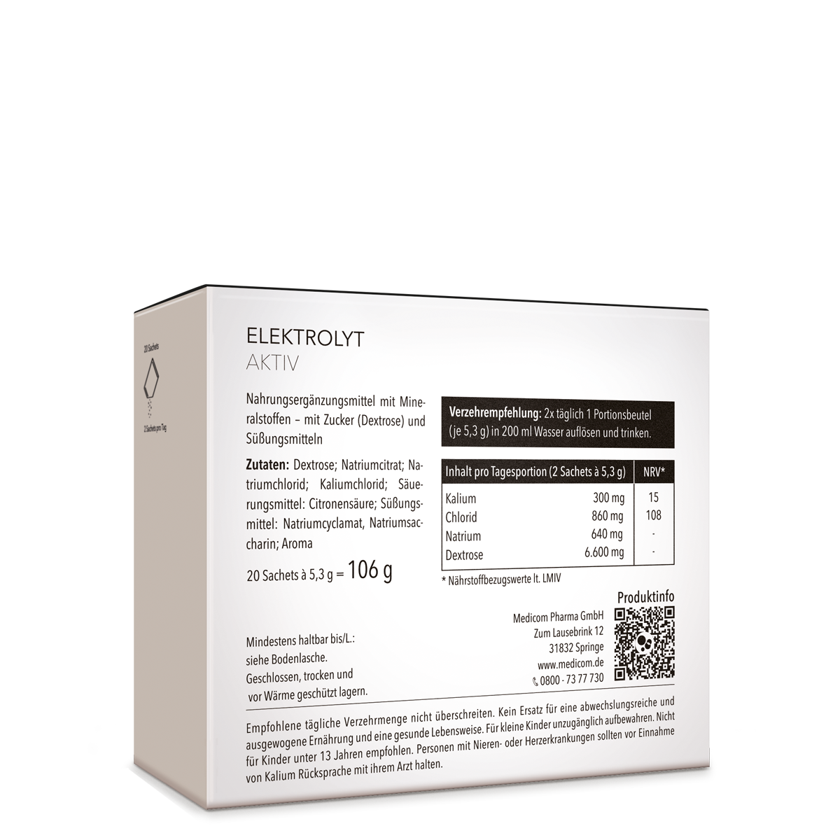 Faltschachtel mit Medicom Elektrolyt Aktiv –  Nahrungsergänzungsmittel mit Mineralstoffen, Nährwertangaben und Inhaltsstoffen auf der Rückseite der Faltschachtel.