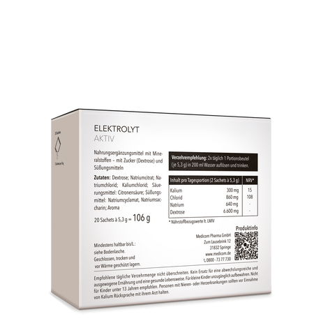Faltschachtel mit Medicom Elektrolyt Aktiv –  Nahrungsergänzungsmittel mit Mineralstoffen, Nährwertangaben und Inhaltsstoffen auf der Rückseite der Faltschachtel.
