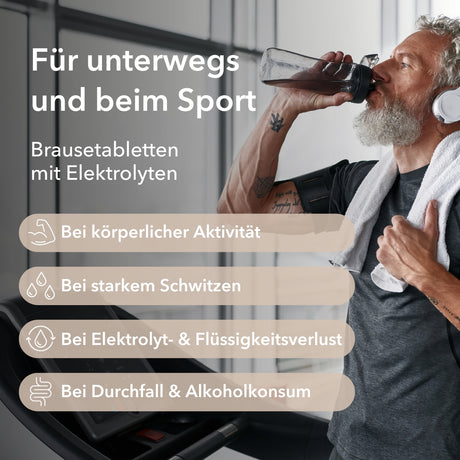 Produktinformationen zu Elektrolyt Brausetabletten von Medicom: für unterwegs und beim Sport, Brausetabletten mit Elektrolyten, bei körperlicher Aktivität, bei starkem Schwitzen, bei Elektrolyt- und Flüssigkeitsverlust, bei Durchfall und Alkoholkonsum