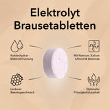 Die Tablette von Elektrolyt Brausetabletten in der Vorderansicht mit Produktinformationen: Praktische Brausetabletten, bei Elektrolyt- und Flüssigkeitsverlust, mit leckerem Beerengeschmack