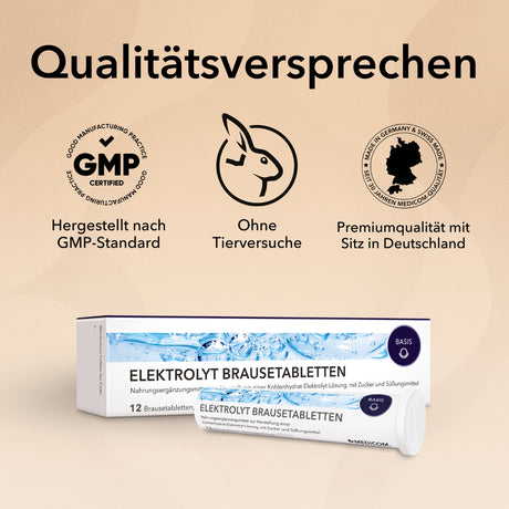 Produktinformationen zu Elektrolyt Brausetabletten mit Auflistung von Qualitätssiegel und Zertifikaten.