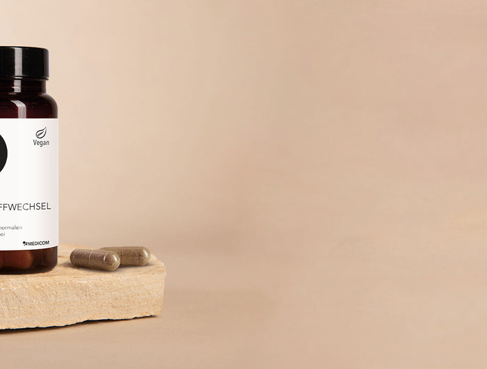 Die Produktdose von Nobilin Fett-Stoffwechsel Aktiv mit zwei Kapseln auf einem Steintablett