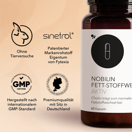 Die Produktdose von Nobilin Fett-Stoffwechsel Aktiv mit Medicom Qualitätsmerkmalen und Zertifikaten, ohne   Tierversuche, mit Sinetrol – patentierter. Markenrohstoff, hergestellt nach GMP-Standard, Premiumqualität mit Sitz in Deutschland.

 