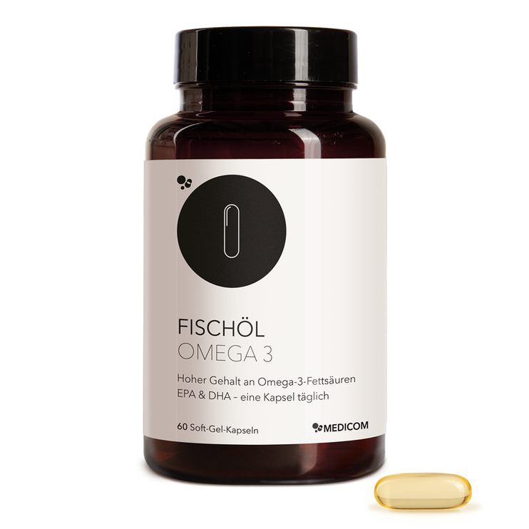 Die Produktdose von Fischöl Omega 3 in der Vorderansicht und eine Soft-Gel-Kapsel davor