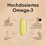 Produktinformationen zu Fischöl Omega 3 von Medicom mit genauer Angabe von Inhaltsstoffen und Dosierung.