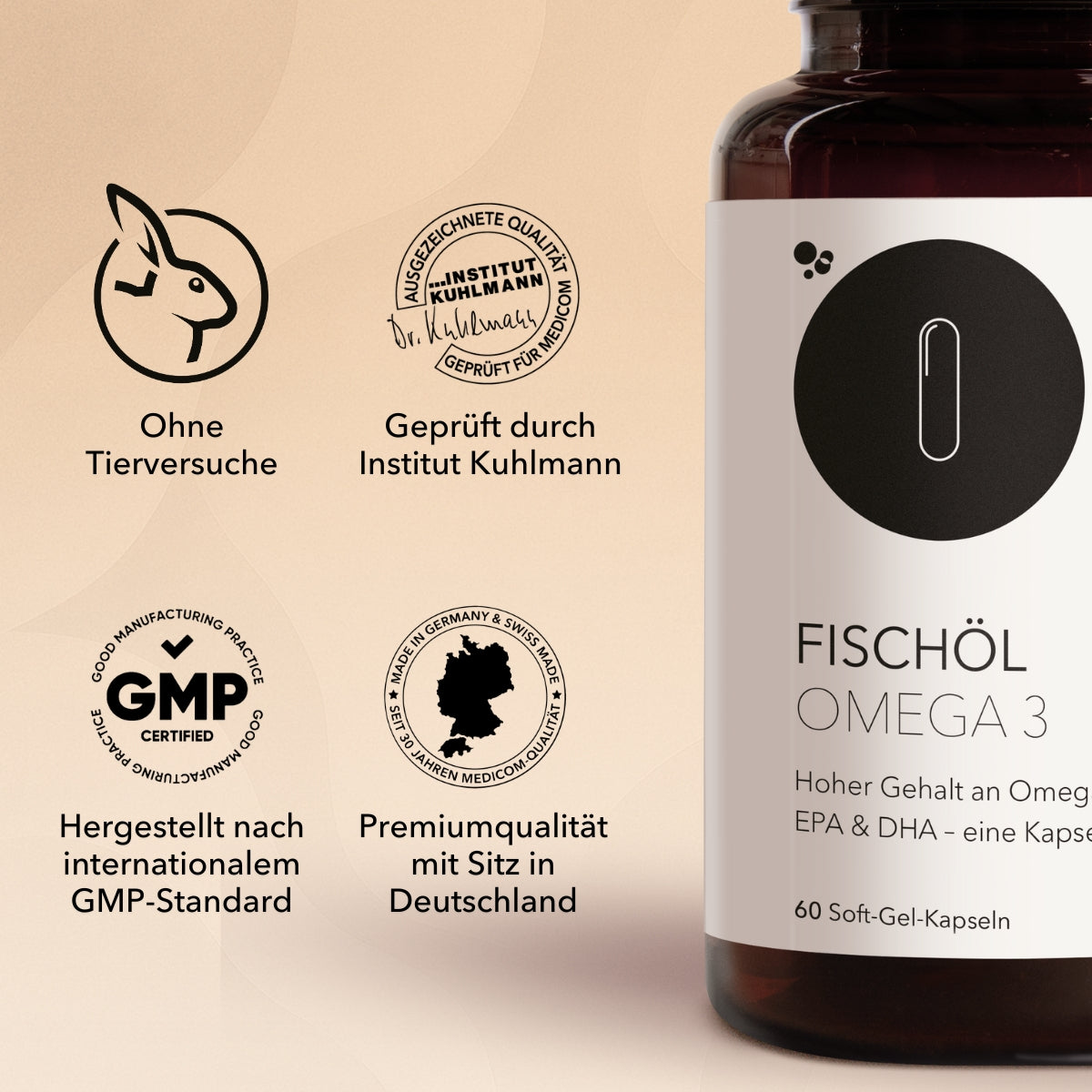 Die Produktdose von Fischöl Omega 3 mit Qualitätsmerkmalen und Zertifikaten: Ohne Zertifikate, hergestellt nach GMP-Standard und Premiumqualität mit Sitz in Deutschland