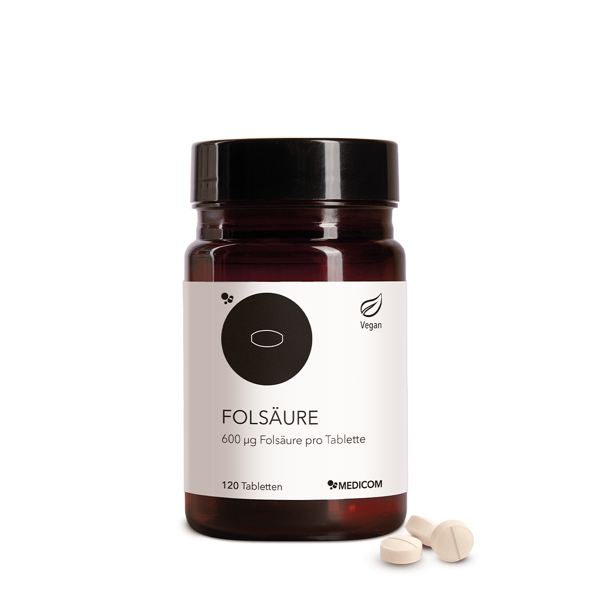Medicom Folsäure: Braunflasche mit 120 veganen Tabletten - ideal für alle, die Folsäure kaufen möchten oder in der Schwangerschaft auf ausreichende Versorgung achten.