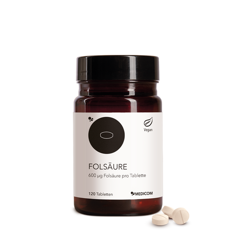 Medicom Folsäure: Braunflasche mit 120 veganen Tabletten - ideal für alle, die Folsäure kaufen möchten oder in der Schwangerschaft auf ausreichende Versorgung achten.