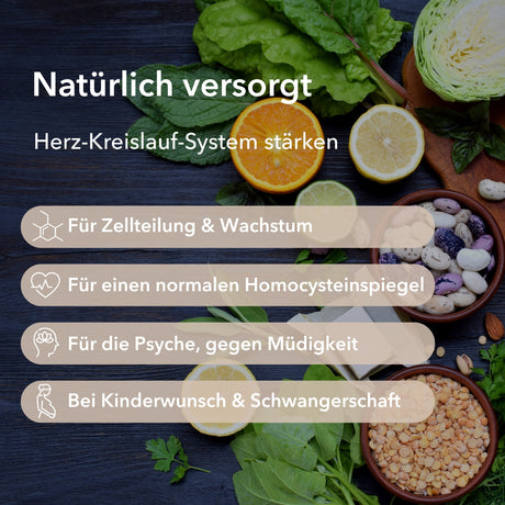 Frisches Gemüse, Bohnen und Zitrusfrüchte werden mit Gesundheitssymbolen und deutschem Ernährungstext dargestellt, wobei Medicom Folsäure als wichtige Ergänzung für Folsäure in der Schwangerschaft hervorgehoben wird.