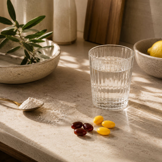 Pulver, Kapseln und ein Glas Wasser