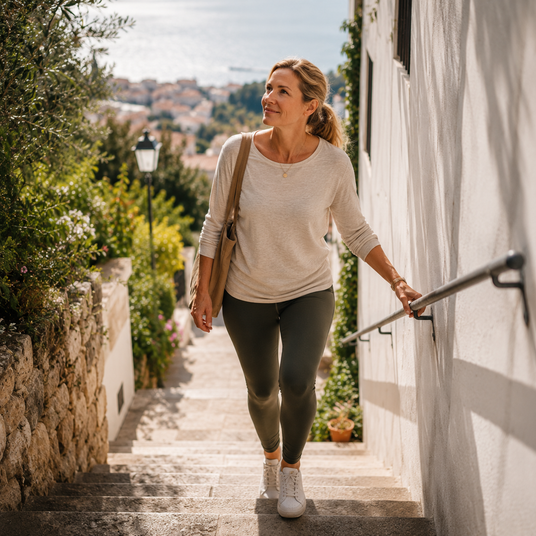 Eine Frau geht die Treppe rauf 