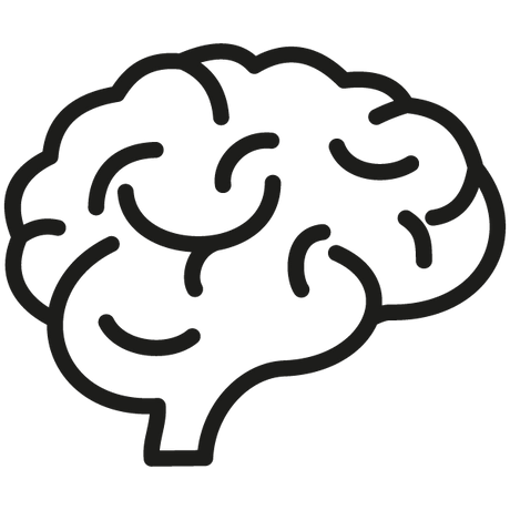 Einfache schwarze Umrisszeichnung eines menschlichen Gehirns, die grundlegende Kurven und Falten auf weißem Hintergrund zeigt.