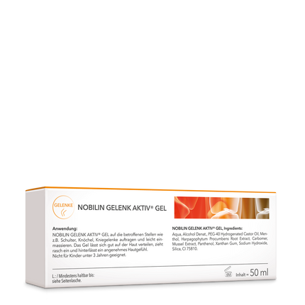 Die Rückseite der Produktpackung Nobilin Gelenk Aktiv® Gel von Medicom mit Angabe von Anwendung und Zutaten