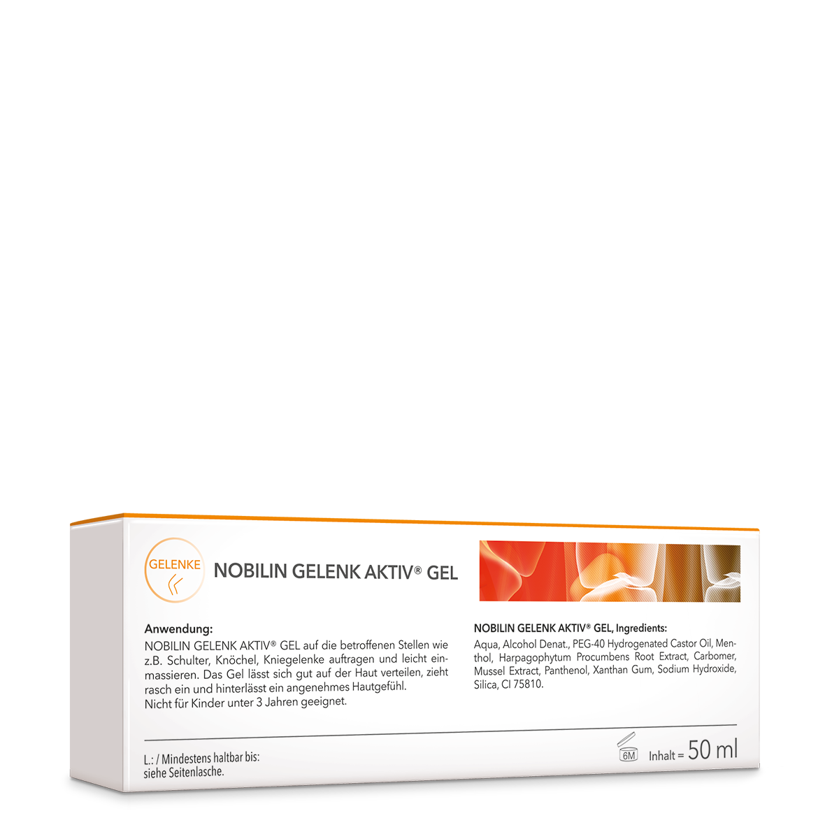 Die Rückseite der Produktpackung Nobilin Gelenk Aktiv® Gel von Medicom mit Angabe von Anwendung und Zutaten