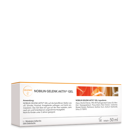 Die Rückseite der Produktpackung Nobilin Gelenk Aktiv® Gel von Medicom mit Angabe von Anwendung und Zutaten