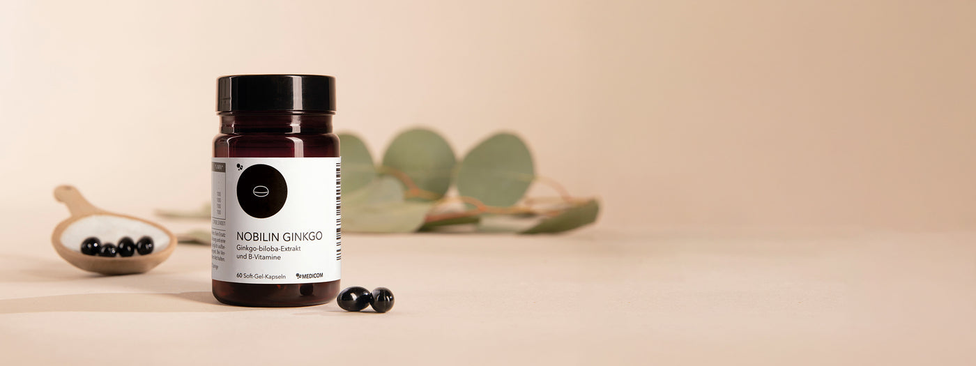 Die Produktdose von Nobilin Ginkgo mit zwei Soft-Gel-Kapseln im Vordergrund. Im Hintergrund ein Keramiklöffel mit Soft-Gel-Kapseln gefüllt und ein Zweig mit Eukalyptus im Hintergrund