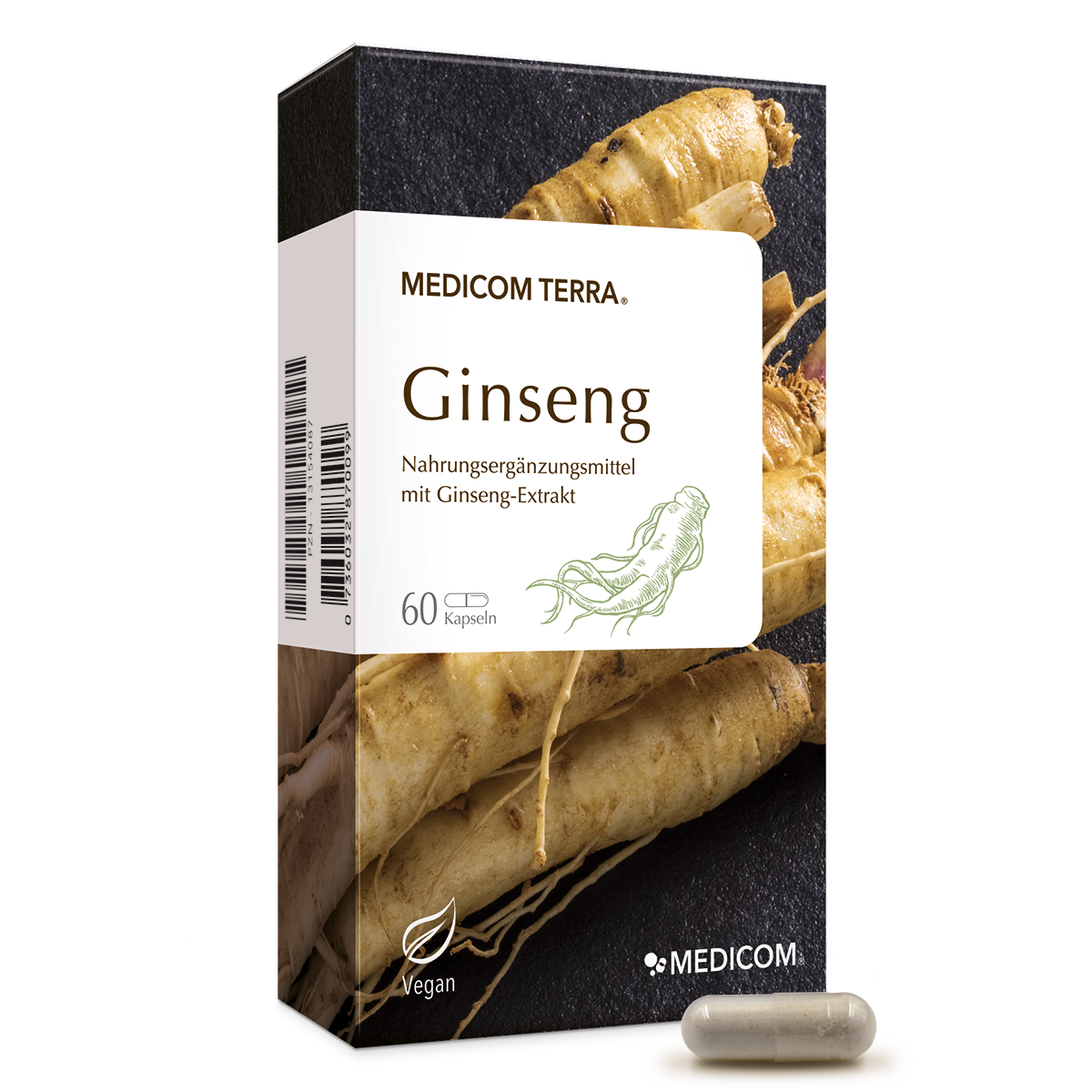 Box von Medicom Terra Ginseng Ergänzung mit Ginseng-Wurzeln, 60 Kapseln, und eine einzelne Kapsel auf der Vorderseite.