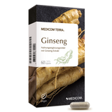 Box von Medicom Terra Ginseng Ergänzung mit Ginseng-Wurzeln, 60 Kapseln, und eine einzelne Kapsel auf der Vorderseite.