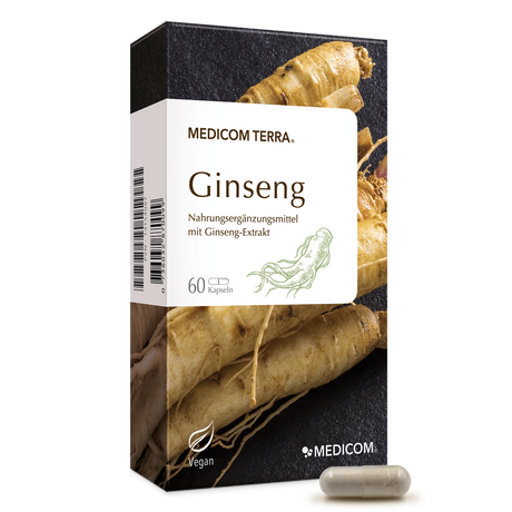 Box von Medicom Terra Ginseng Ergänzung mit Ginseng-Wurzeln, 60 Kapseln, und eine einzelne Kapsel auf der Vorderseite.