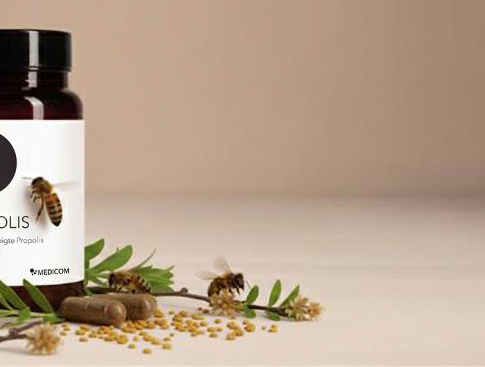 Die Produktdose von Propolis und Bienen und zwei Kapseln im Vordergrund