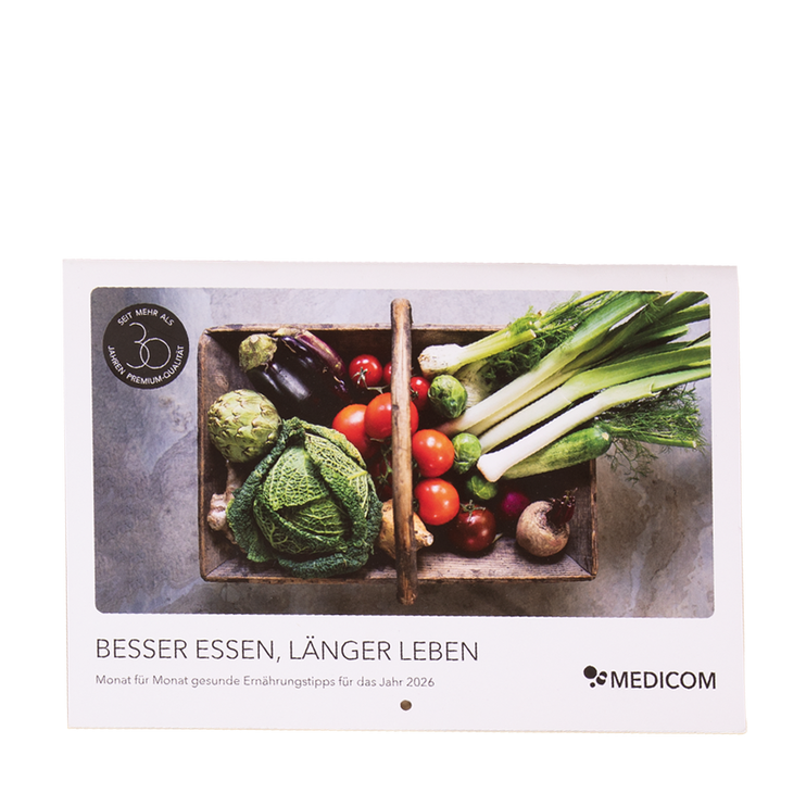 Der Medicom Gesundheits-Kalender von 2026 mit dem Thema "Besser essen, länger leben". Monat für Monat gesunde Ernährungstipps für das Jahr 2026