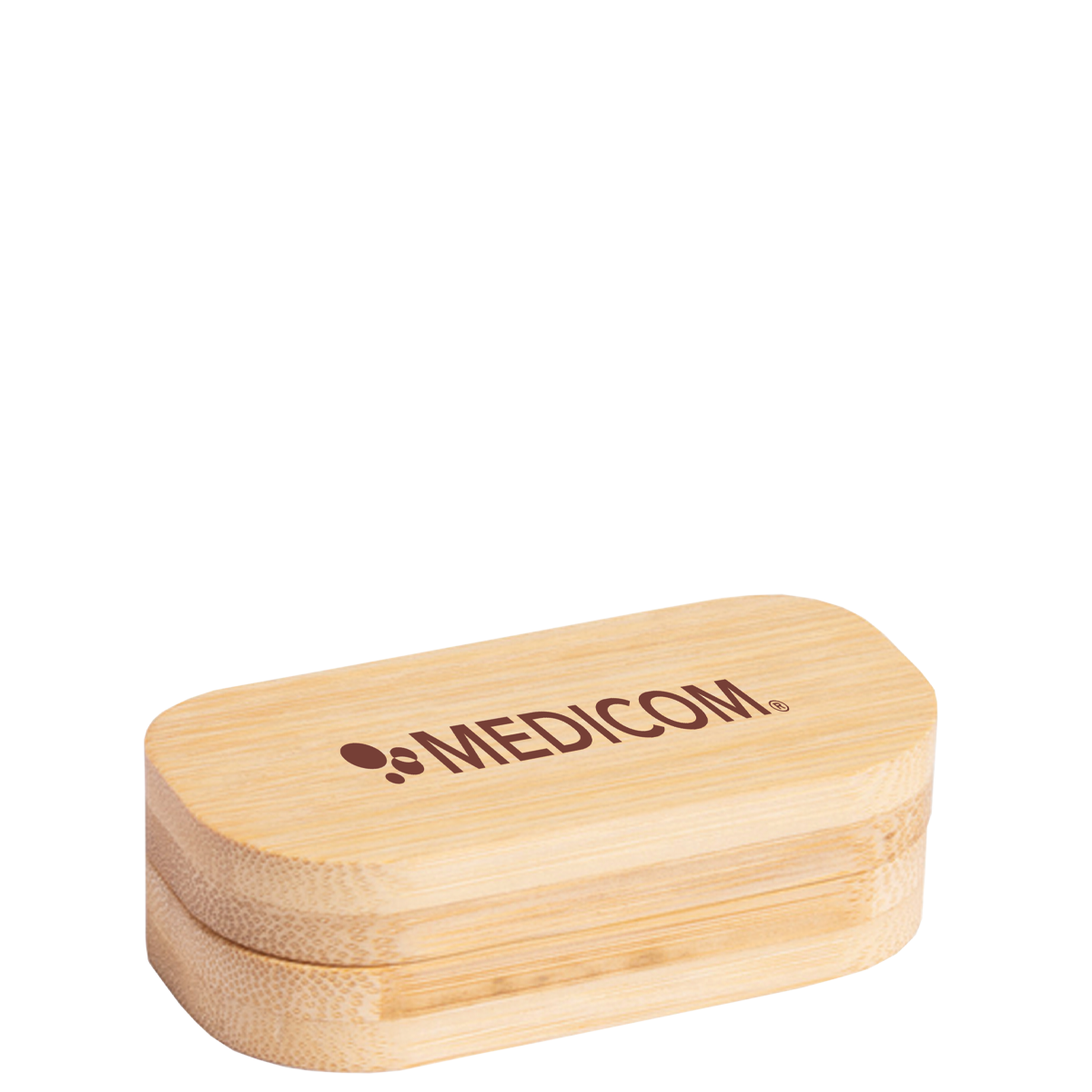 Rectangular Kapselbox aus Bambus with rounded edges, featuring the MEDICOM logo printed on top.