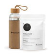 Neben einem weißen Beutel mit der Aufschrift "Kollagen Aktiv-Bundle" von Medicom steht eine gläserne Wasserflasche mit einer Hülle.