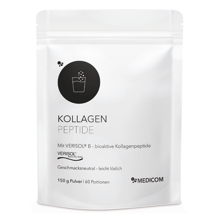 Der Zippbeutel von Kollagen Peptide von Medicom mit bioaktiven Kollagenpeptiden in der Vorderansicht
