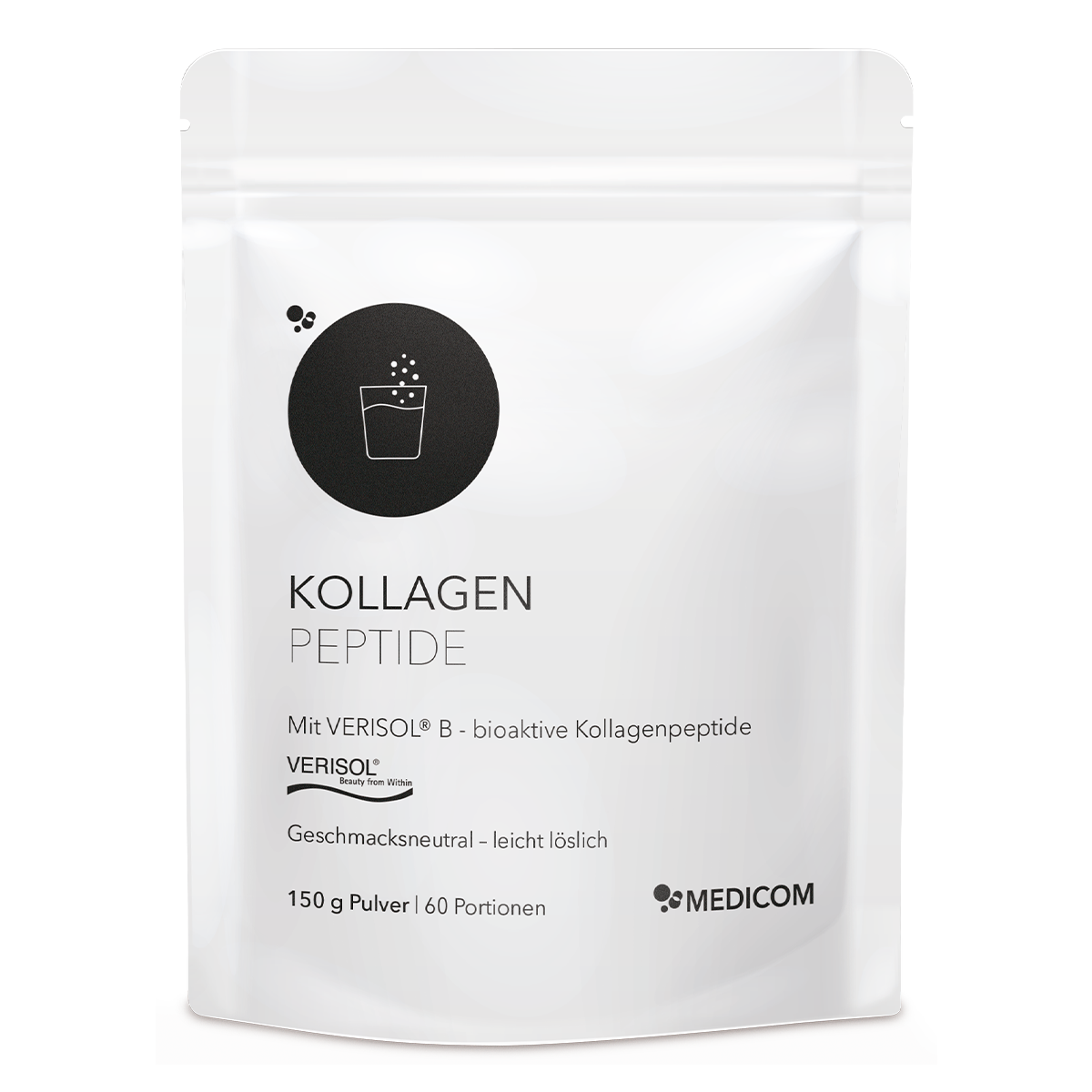 Der Zippbeutel von Kollagen Peptide von Medicom mit bioaktiven Kollagenpeptiden –  in der Vorderansicht