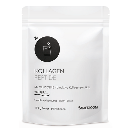Der Zippbeutel von Kollagen Peptide von Medicom mit bioaktiven Kollagenpeptiden –  in der Vorderansicht