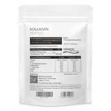 Der Zippbeutel von Kollagen Peptide in der Rückansicht mit genauer Angabe von Verzehrempfehlung, Inhalt pro Tagesportion, Zutaten und durchschnittlichen Nährwertangaben.