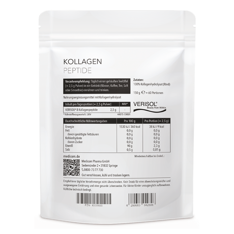 Der Zippbeutel von Kollagen Peptide in der Rückansicht mit genauer Angabe von Verzehrempfehlung, Inhalt pro Tagesportion, Zutaten und durchschnittlichen Nährwertangaben.