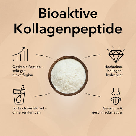 Produktinformationen zu Kollagen Peptide von Medicom wie folgt: Hochreines Kollagenhydrolysat, Optimale Peptide – sehr gut bioverfügbar, löst sich perfekt auf – ohne verklumpen, geruchlos und geschmacksneutral.