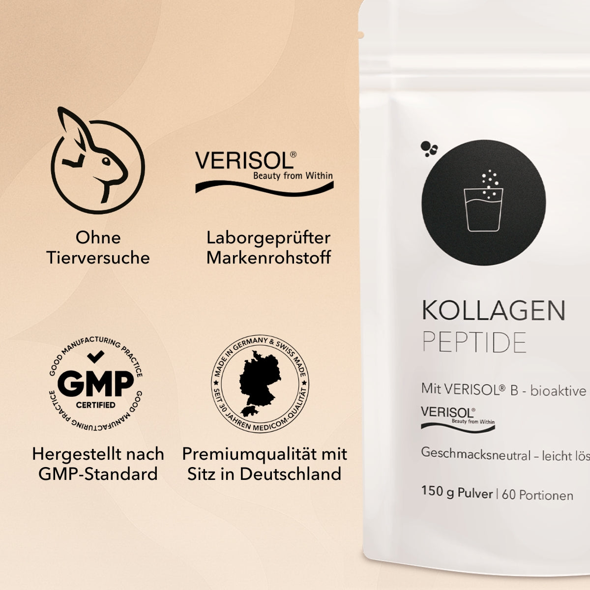 Zippbeutel von Kollagen Peptide. Links im Bild Zertifikate und Qualitätssiegel wie: Ohne Tierversuche, patentierter Markenrohstoff VERSIOL® B, hergestellt nach GMP-Standard, Premiumqualität mit Sitz in Deutschland