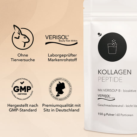 Zippbeutel von Kollagen Peptide. Links im Bild Zertifikate und Qualitätssiegel wie: Ohne Tierversuche, patentierter Markenrohstoff VERSIOL® B, hergestellt nach GMP-Standard, Premiumqualität mit Sitz in Deutschland