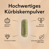 Eine Kapsel Kürbiskern von Medicom in der Mitte des Bildes und Produktinformationen wie folgt: Produktinformationen zum Produkt Kürbiskern, Kürbiskernpulver aus dem steirischen Ölkürbis, reich an Phytosterolen, pur und ohne Zusätze, glutenfrei, laktosefrei und 100 % vegan. 