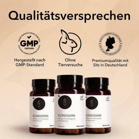 Das Qualitätsversprechen von Medicom mit drei Icons von Medicom: hergestellt nach GMP-Standard, ohne Tierversuche, Premiumqualität mit Sitz in Deutschland. Drei Produktdosen von Kürbiskern unten abgebildet.
 