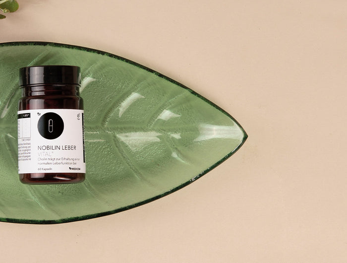 Die Produktdose von Nobilin Leber Vital® von Medicom auf einem grünen Glastablett
