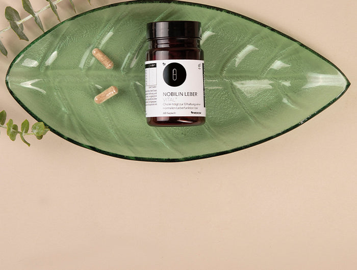 Die Produktdose von Nobilin Leber Vital® auf einem grünen Glastablett und ein grüner Zweig als Dekoration.