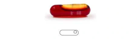 Eine rot-gelbe, durchsichtige Kapsel neben einem einfachen Pillenumriss mit einem kleinen Kreis an einem Ende.