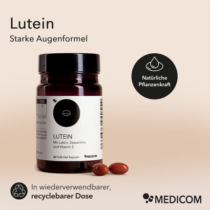 Produktinformationen zu Lutein: Starke Augenformel
Bubble: 
Natürliche Pflanzenkraft 
Unten links:
In wiederverwendbarer, recyclebarer Dose
Abbildung einer Produktdose mit zwei Kapseln im Vordergrund