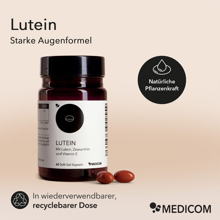 Produktinformationen zu Lutein: Starke Augenformel
Bubble: 
Natürliche Pflanzenkraft 
Unten links:
In wiederverwendbarer, recyclebarer Dose
Abbildung einer Produktdose mit zwei Kapseln im Vordergrund