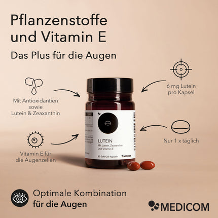 Dose, Kapseln mit Pfeiltexten und Produktinformationen dazu: Mit Antioxidantien Lutein & Zeaxanthin, Vitamin E für die Augenzellen, gut für die Sehkraft, Verzehrinformationen nur 1 x täglich