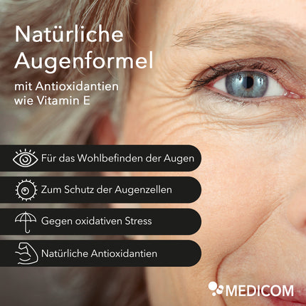 Produktinformationen zu Lutein von Medicom mit Anwendungsgebieten: für das Wohlbefinden der Augen, zum Schutz der Augenzellen, gegen oxidativen Stress, natürliche Antioxidantien. Rechts im Bild Nahaufnahme eines halben Frauengesichtes mit einem blauen Auge