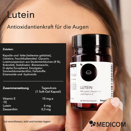 Produktinformationen zu Lutein von Medicom mit dem Anwendungsgebiet Antioxidantienkraft für die Augen und mit genauer Angabe von Zutaten und Tagesdosis sowie Aufbewahrungsempfehlung. Eine Frauenhand hält eine Produktdose von Lutein vor die Kamera