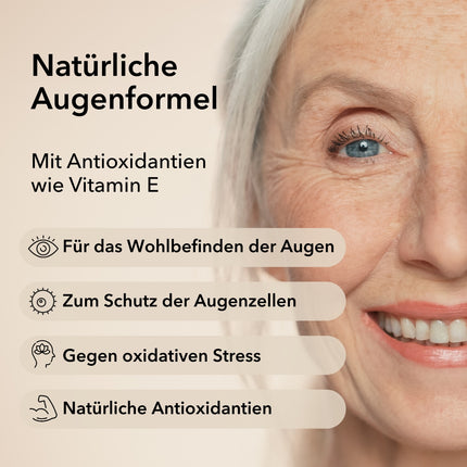 Produktinformationen zu Lutein von Medicom mit Anwendungsgebieten: für das Wohlbefinden der Augen, zum Schutz der Augenzellen, gegen oxidativen Stress, natürliche Antioxidantien. Rechts im Bild Nahaufnahme eines halben Frauengesichtes mit einem blauen Auge